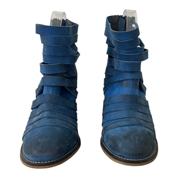 Free People Size 37 US 6 Blue Hybrid Strappy Heel Ankle Boots Booties Zip - Picture 2 of 8